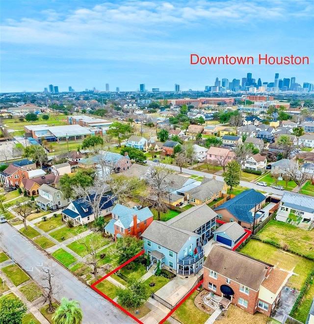 3327 Palm St, Houston, TX 77004 - aerial perspective of suburban area with a skyline view and property boundaries highlighted