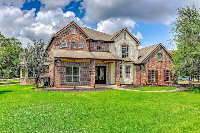 view of front of house featuring a front lawn, brick siding, french doors, and roof with shingles