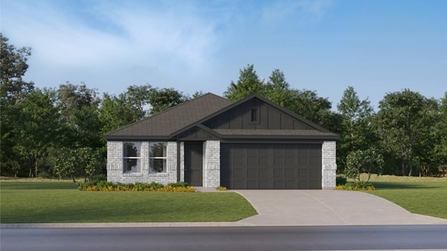 single story home featuring concrete driveway, a front yard, and a garage