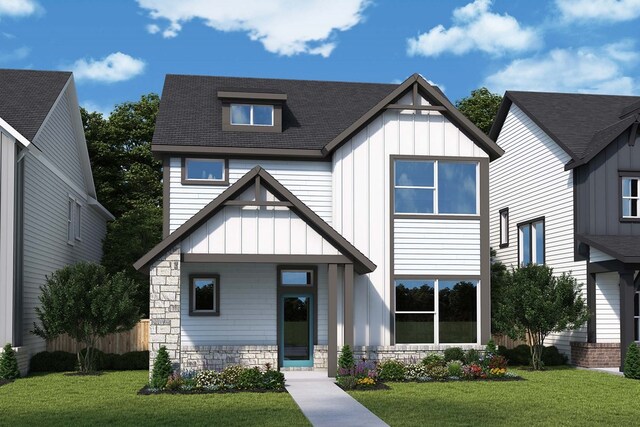 view of front facade with a shingled roof, board and batten siding, a front lawn, and stone siding