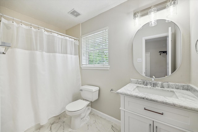 bathroom featuring vanity, toilet, marble finish floor, baseboards, and visible vents