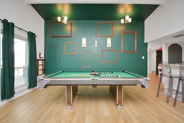 recreation room with billiards, baseboards, wood finished floors, and visible vents