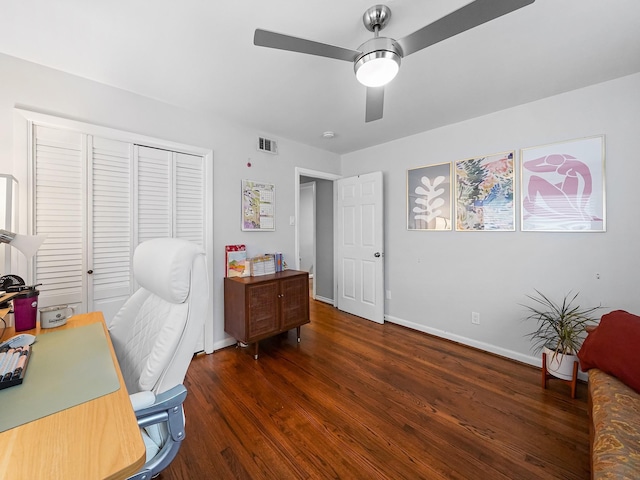 office with a ceiling fan, visible vents, wood finished floors, and baseboards