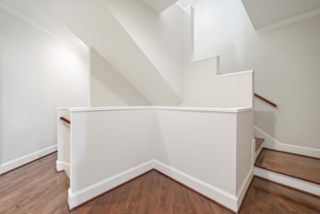 stairs with baseboards, ornamental molding, and wood finished floors