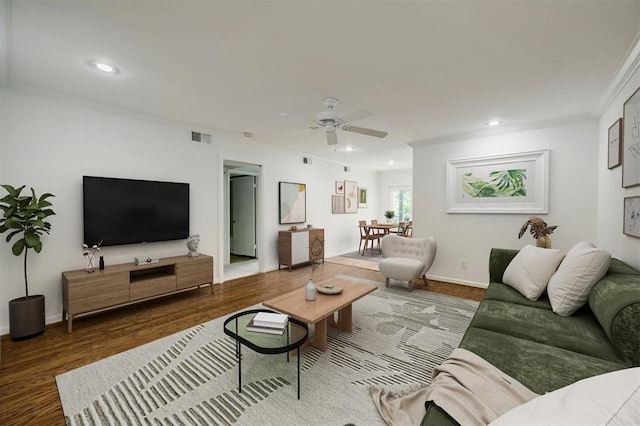 8277 Kingsbrook Rd Unit 254, Houston, TX 77024 - living area with crown molding, visible vents, recessed lighting, wood finished floors, and a ceiling fan