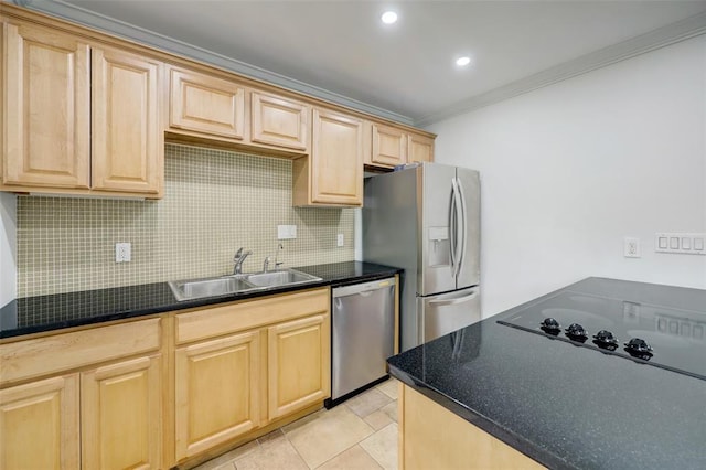 8277 Kingsbrook Rd Unit 254, Houston, TX 77024 - kitchen featuring light brown cabinets, stainless steel appliances, ornamental molding, backsplash, and a sink