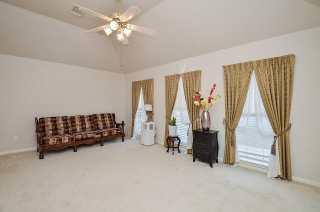 7011 Westover Ridge Dr, Houston, TX 77072 - sitting room featuring lofted ceiling, a ceiling fan, and carpet flooring