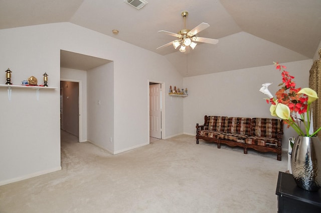 7011 Westover Ridge Dr, Houston, TX 77072 - sitting room featuring light colored carpet, ceiling fan, baseboards, visible vents, and lofted ceiling