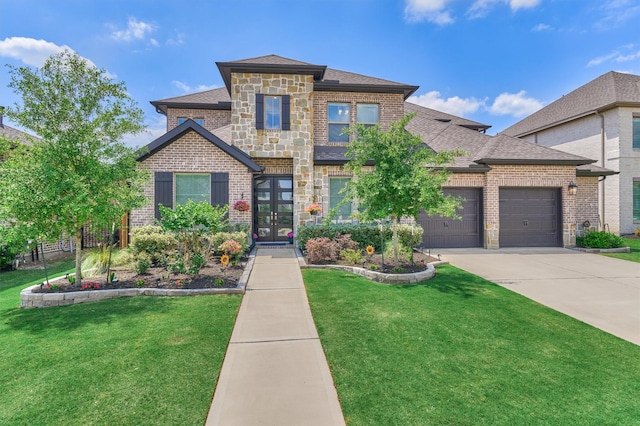view of front of home with an attached garage, a shingled roof, brick siding, and stone siding