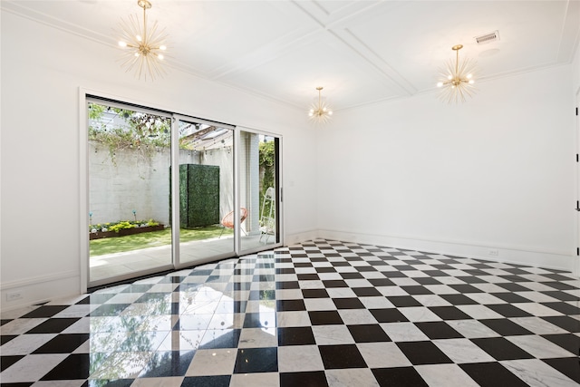 interior space featuring an inviting chandelier, ornamental molding, visible vents, and coffered ceiling