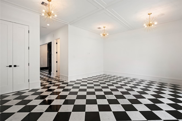 unfurnished dining area with visible vents, baseboards, recessed lighting, a chandelier, and coffered ceiling
