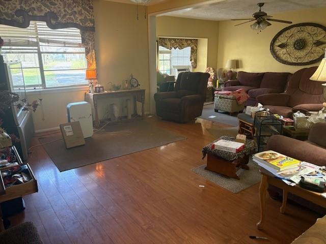 living area featuring wood finished floors and a ceiling fan