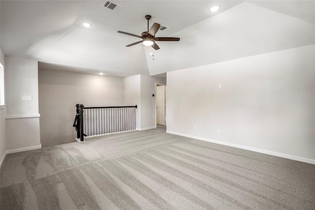 17335 Sunflower Petals Trl, Conroe, TX 77302 - unfurnished room featuring recessed lighting, carpet, vaulted ceiling, visible vents, and a ceiling fan