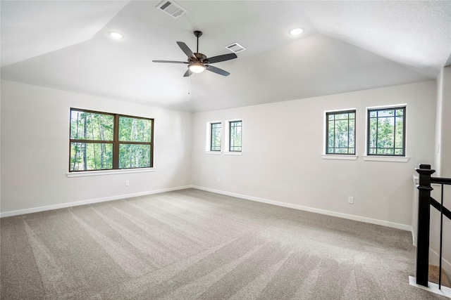 17335 Sunflower Petals Trl, Conroe, TX 77302 - carpeted spare room featuring recessed lighting, a ceiling fan, visible vents, and vaulted ceiling
