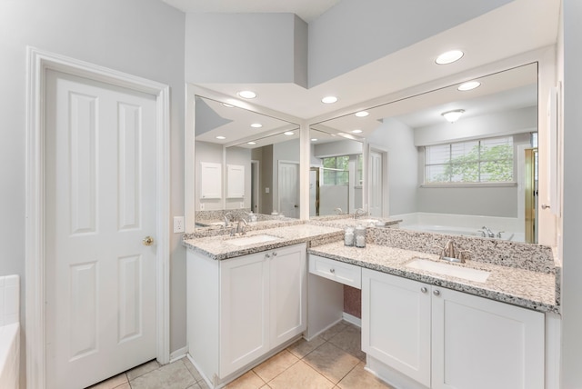 bathroom featuring vanity, tile patterned floors, recessed lighting, a bath, and a stall shower