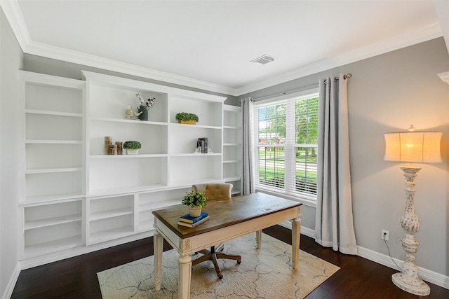 office area with dark wood-type flooring, visible vents, ornamental molding, and baseboards