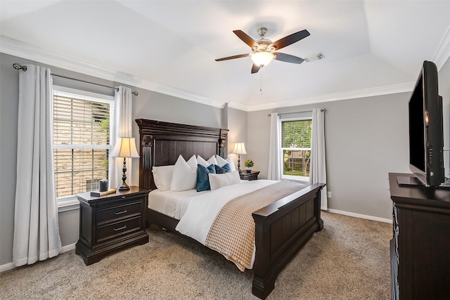 bedroom with crown molding, a ceiling fan, visible vents, light carpet, and baseboards