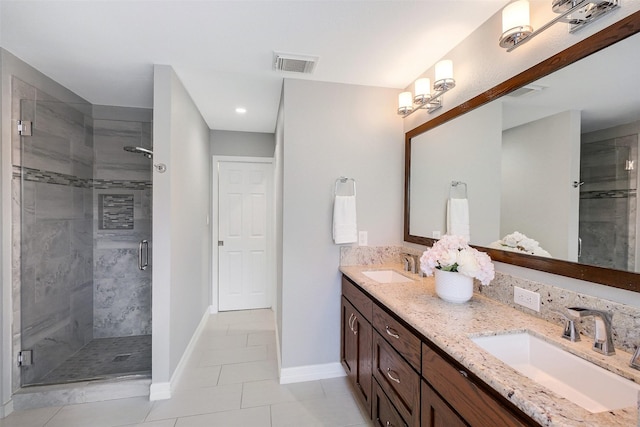 full bathroom featuring a stall shower, a sink, baseboards, and visible vents