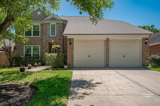view of front of house featuring driveway, a shingled roof, an attached garage, and brick siding