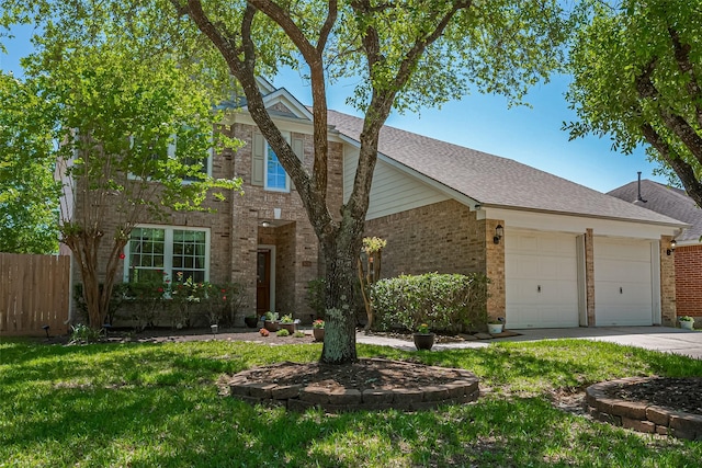 view of front of home featuring driveway, an attached garage, fence, brick siding, and a front lawn