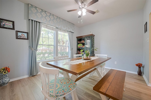 dining space featuring light wood-style floors, a ceiling fan, visible vents, and baseboards