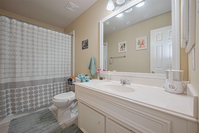 bathroom with toilet, curtained shower, visible vents, and vanity