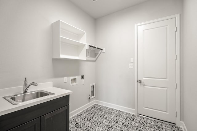 9722 Leafgate Ct, Missouri City, TX 77459 - laundry area with hookup for a washing machine, electric dryer hookup, cabinet space, a sink, and baseboards