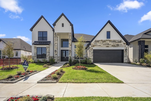 9722 Leafgate Ct, Missouri City, TX 77459 - view of front facade with stucco siding, french doors, a front lawn, and stone siding
