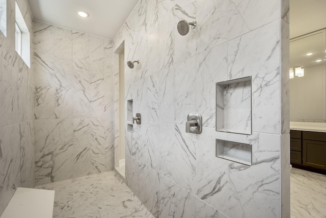 9722 Leafgate Ct, Missouri City, TX 77459 - full bath with recessed lighting, vanity, a wealth of natural light, a marble finish shower, and marble finish floor