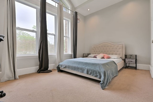 310 Rustic Ln, Friendswood, TX 77546 - bedroom featuring vaulted ceiling, light carpet, and baseboards