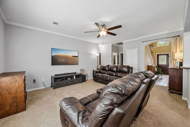 8522 E Highlands Xing, Highlands, TX 77562 - living area featuring crown molding, a ceiling fan, and carpet flooring