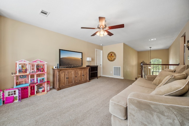 8522 E Highlands Xing, Highlands, TX 77562 - carpeted living room with a ceiling fan, visible vents, and baseboards