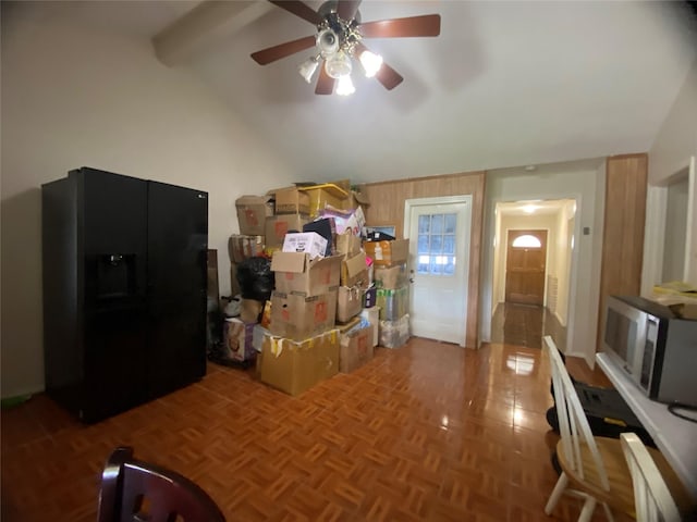 storage area featuring a ceiling fan