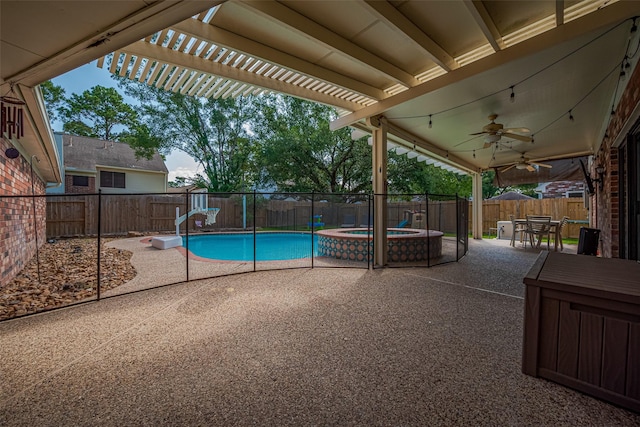 17022 Shadow Valley Dr, Spring, TX 77379 - view of swimming pool featuring a patio, a fenced backyard, ceiling fan, outdoor dining space, and a pergola