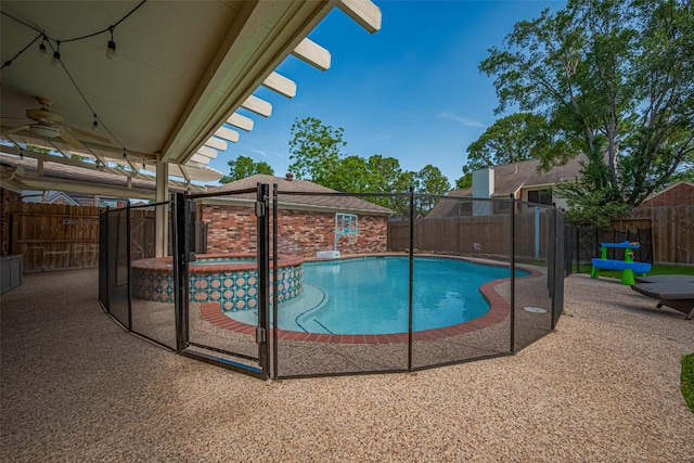 17022 Shadow Valley Dr, Spring, TX 77379 - view of swimming pool with a fenced backyard, a patio, ceiling fan, and a pool with connected hot tub