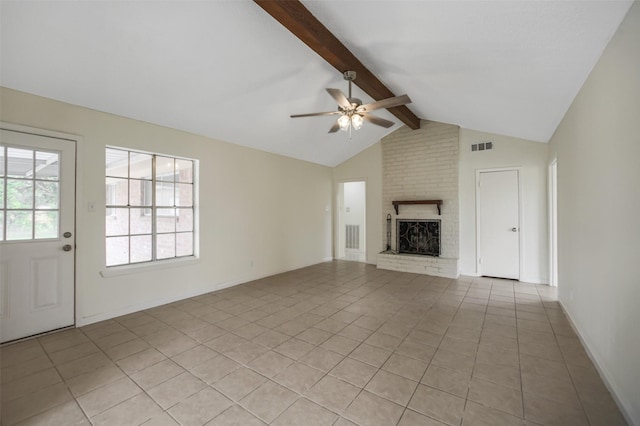 unfurnished living room with vaulted ceiling with beams, a ceiling fan, a brick fireplace, and light tile patterned flooring