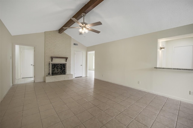 unfurnished living room with tile patterned flooring, a brick fireplace, baseboards, ceiling fan, and lofted ceiling with beams