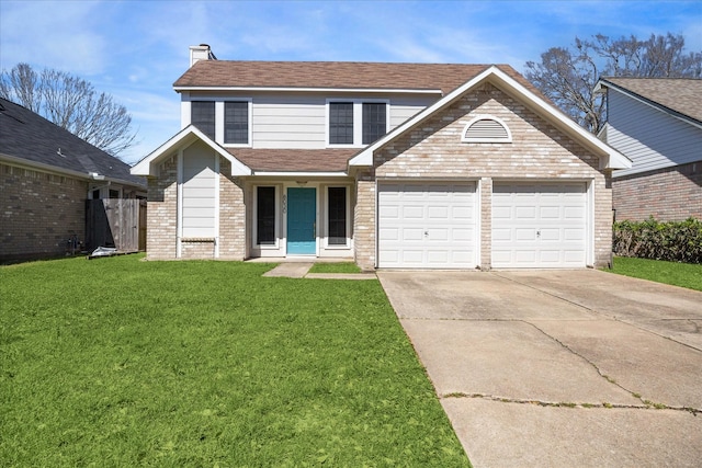traditional home with a chimney, brick siding, driveway, a front yard, and an attached garage