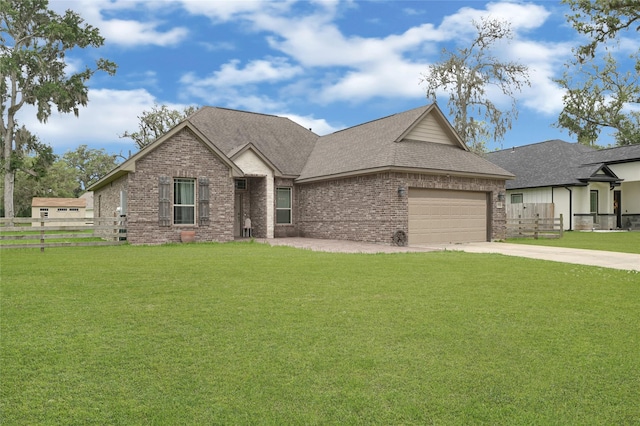 view of front of home featuring a garage, brick siding, fence, and a front lawn