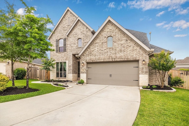 french country inspired facade featuring fence, a front yard, and concrete driveway