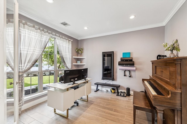 office space featuring crown molding, baseboards, recessed lighting, and visible vents