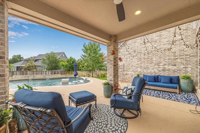view of patio featuring a fenced in pool, a fenced backyard, and an outdoor hangout area