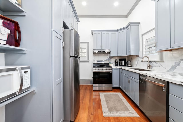 kitchen with gray cabinets, wood finished floors, under cabinet range hood, appliances with stainless steel finishes, and a sink
