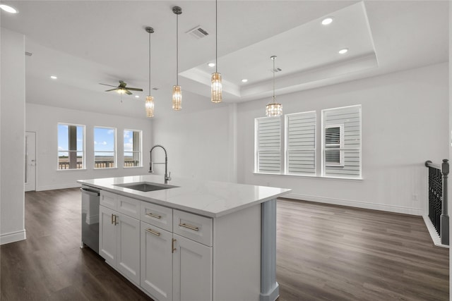 kitchen featuring a sink, a raised ceiling, stainless steel dishwasher, open floor plan, and dark wood finished floors
