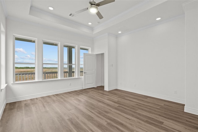 spare room with crown molding, a ceiling fan, wood finished floors, and a raised ceiling