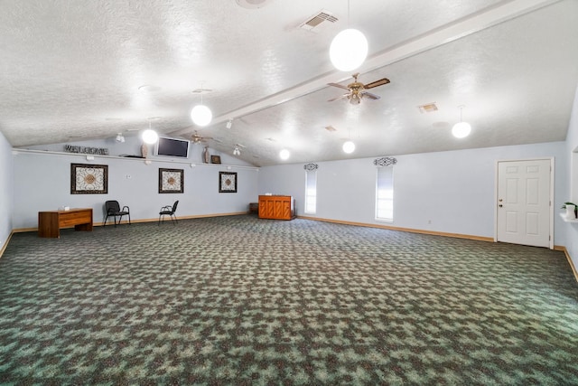 1561 US Highway 69 N, Woodville, TX 75979 - below grade area with a textured ceiling, ceiling fan, visible vents, baseboards, and carpet