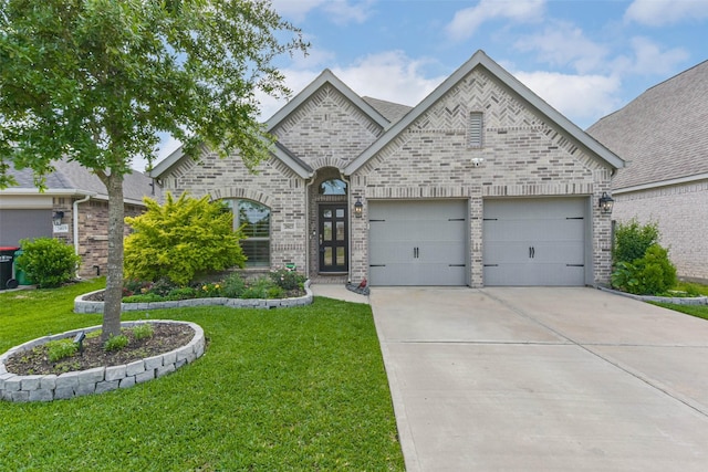 french country style house featuring driveway, a front yard, brick siding, and a garage
