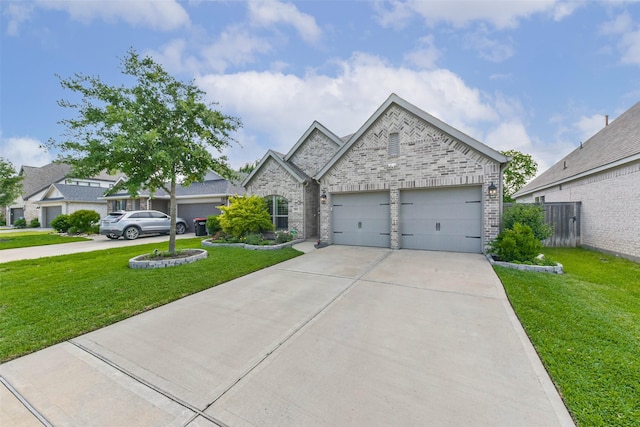 view of front of house featuring concrete driveway, a front yard, brick siding, and a garage