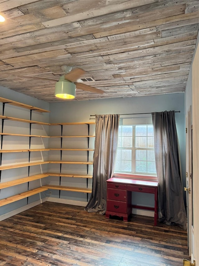 interior space featuring visible vents, wooden ceiling, and wood finished floors