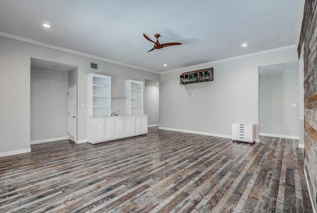 9010 Carousel Ln, Houston, TX 77080 - unfurnished living room featuring dark wood-style flooring, a ceiling fan, ornamental molding, and recessed lighting